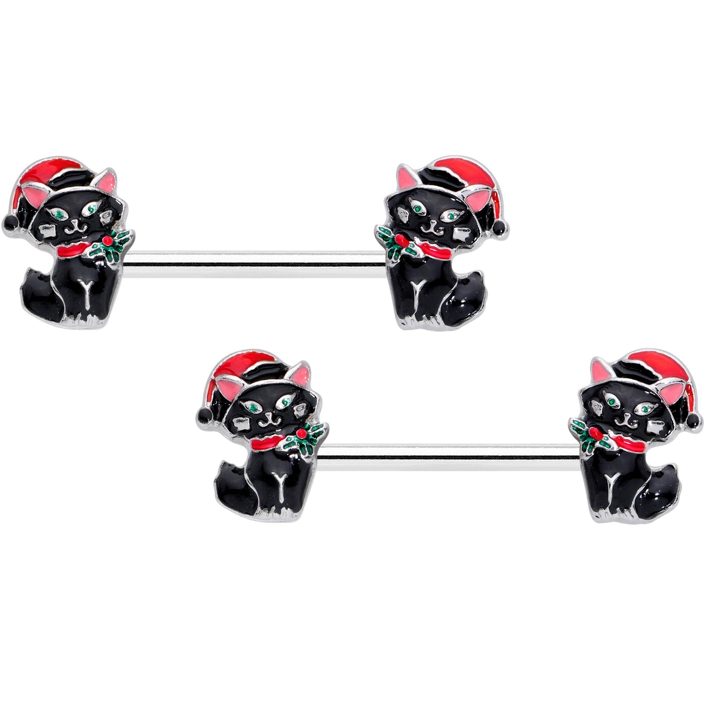 14 Gauge 9/16 Santa Claus Cat Christmas Barbell Nipple Ring Set