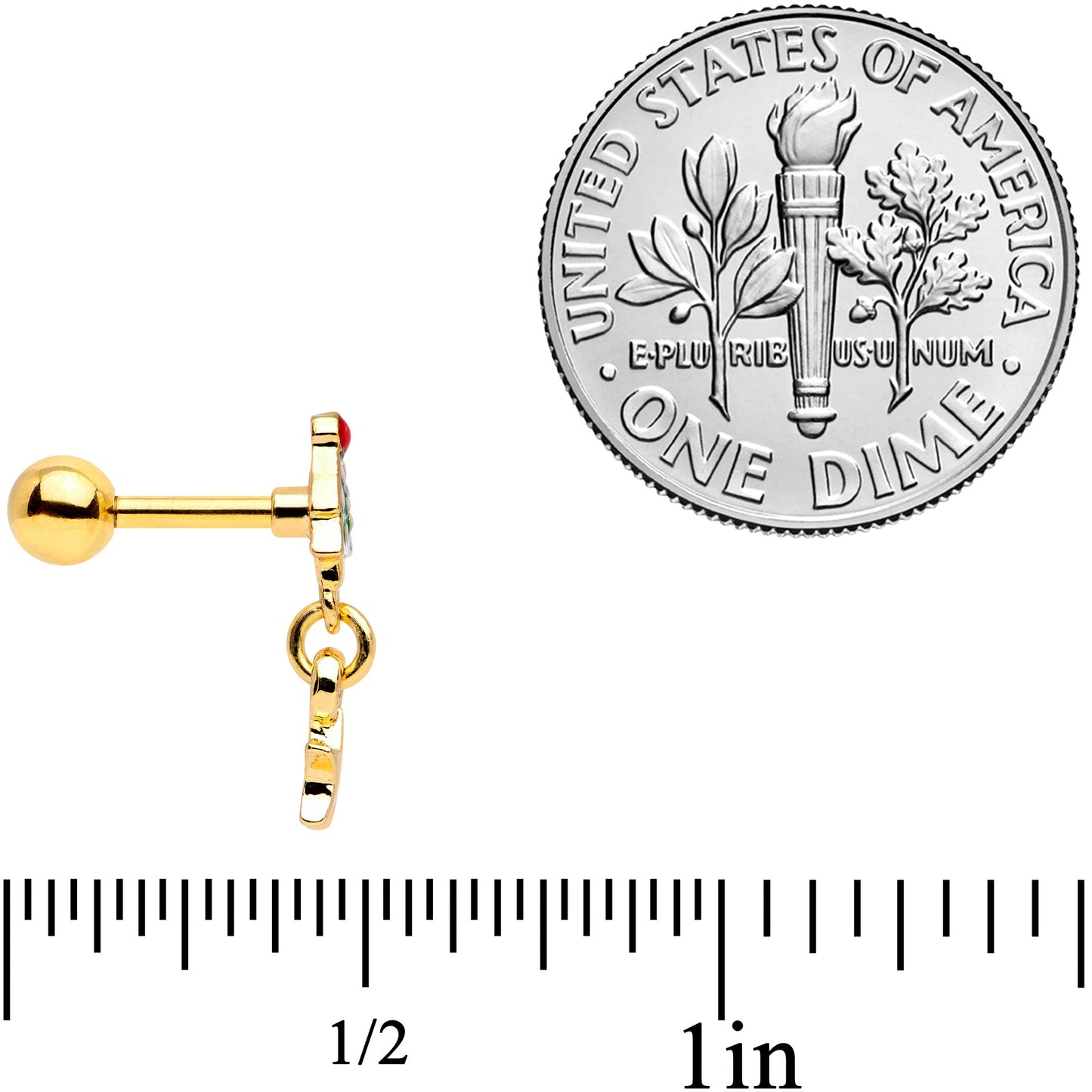 16 Gauge 1/4 Red Gem Gold Tone Tree Christmas Dangle Cartilage Tragus