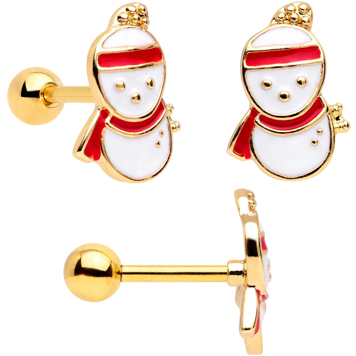 16 Gauge 1/4 Gold Tone Snowman Christmas Cartilage Tragus Set of 3