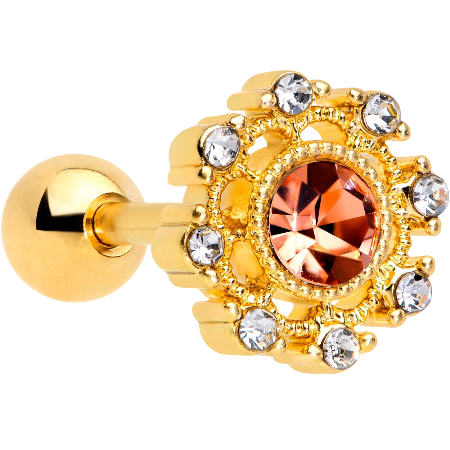 16 Gauge 1/4 Clear Pink CZ Gem Gold Tone Sunburst Cartilage Tragus