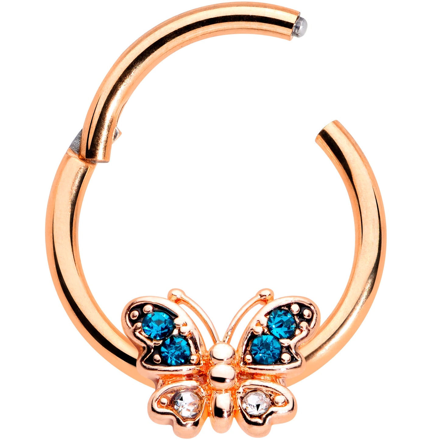 16 Gauge 3/8 Aqua Gem Rose Gold Tone Butterfly Hinged Segment Ring