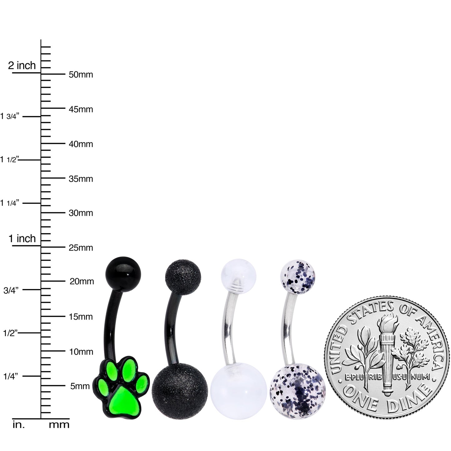 Black Clear Glitter Glow UV Glow Paw Belly Ring Set of 4