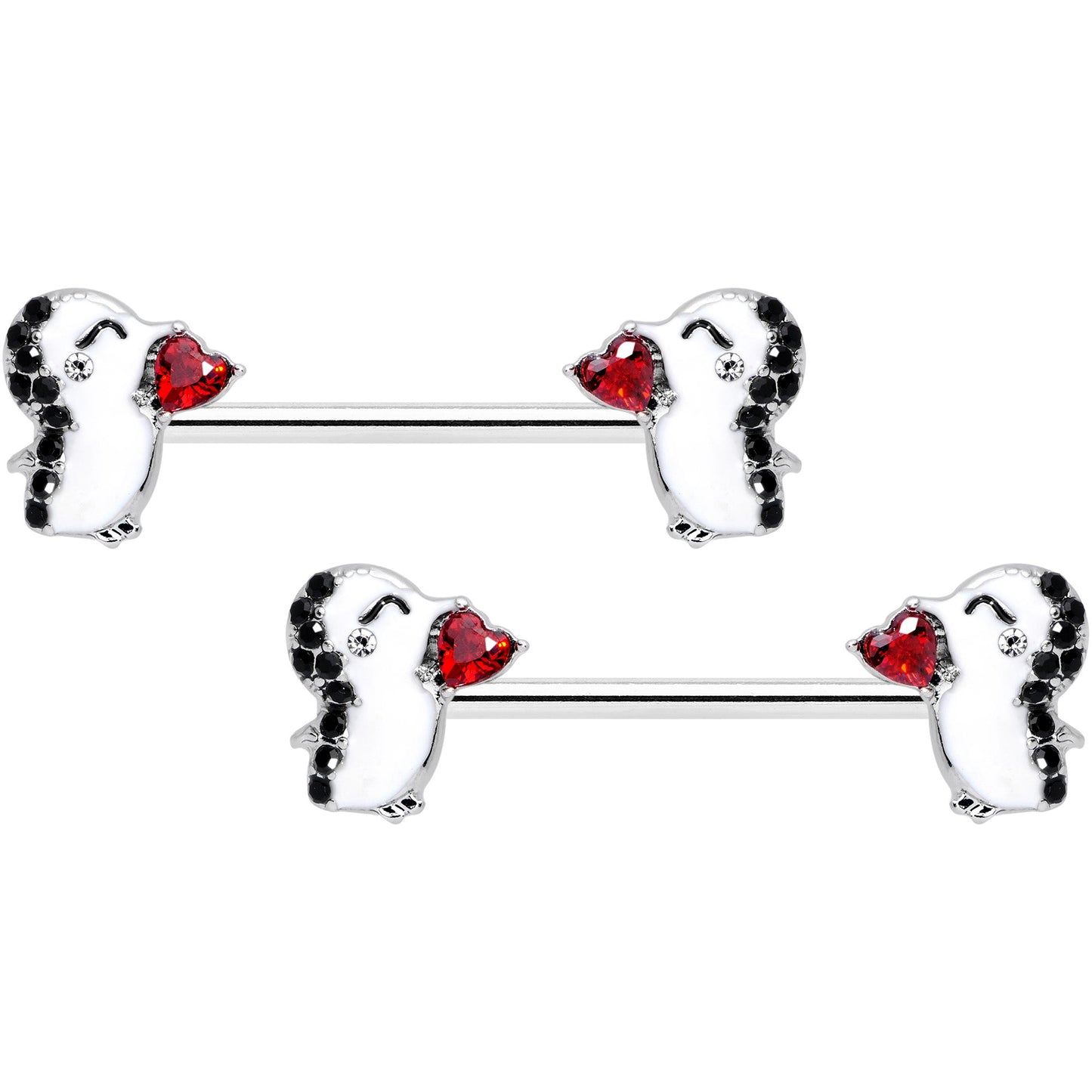 14 Gauge 5/8 Red Gem Penguin Heart Valentine Barbell Nipple Ring Set