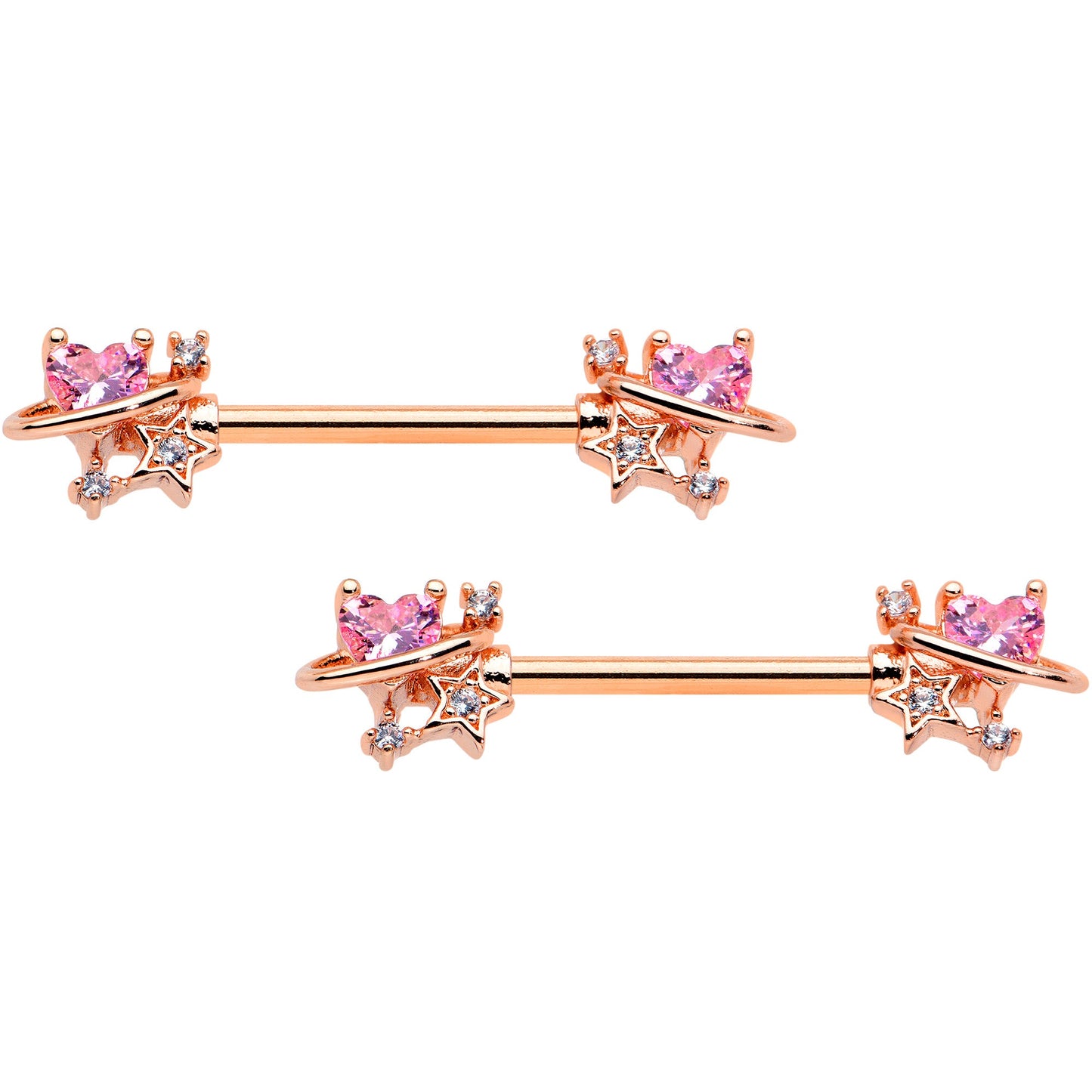 14 Gauge 9/16 Pink Gem Rose Gold Tone Star Barbell Nipple Ring Set