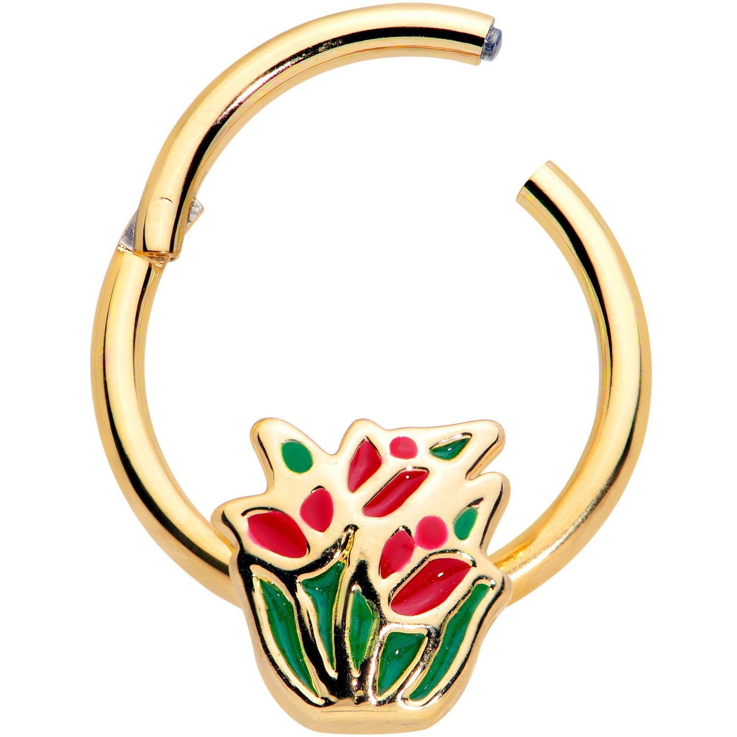 16 Gauge 3/8 Gold Tone Springtime Red Tulip Flower Hinged Segment Ring