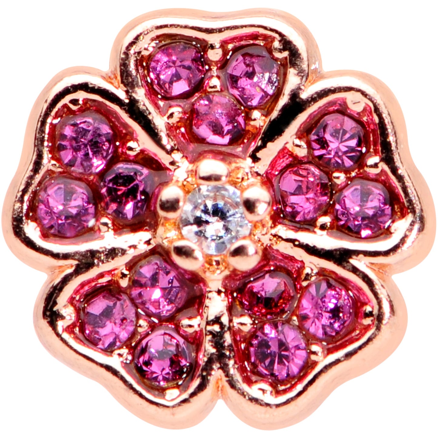 20 Gauge 1/4 Clear Pink Gem Rose Gold Tone Heart Flower Nose Bone