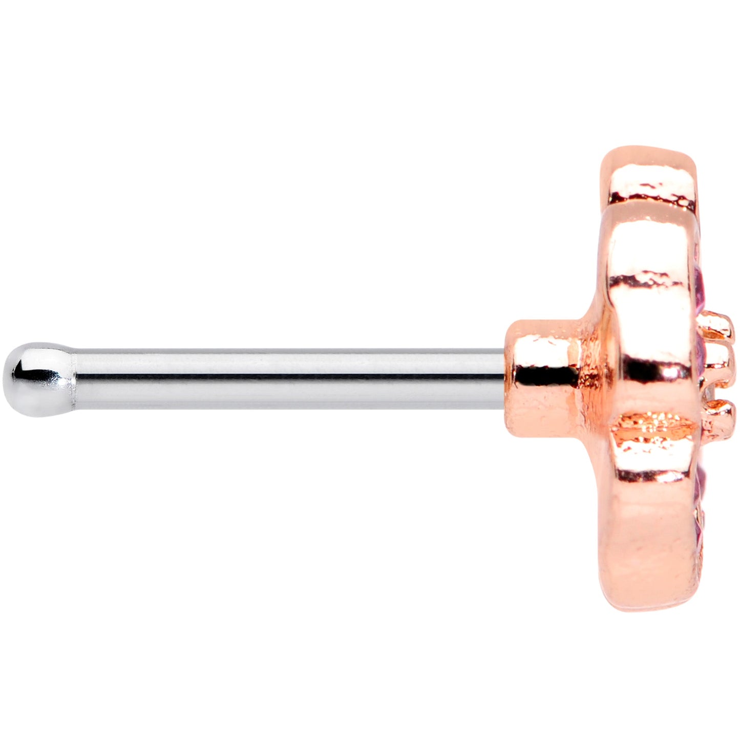 20 Gauge 1/4 Clear Pink Gem Rose Gold Tone Heart Flower Nose Bone