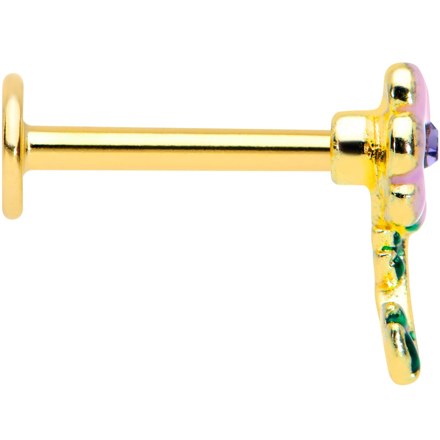 16 Gauge 5/16 Purple CZ Gem Gold Tone Pink Flower Labret Monroe Tragus