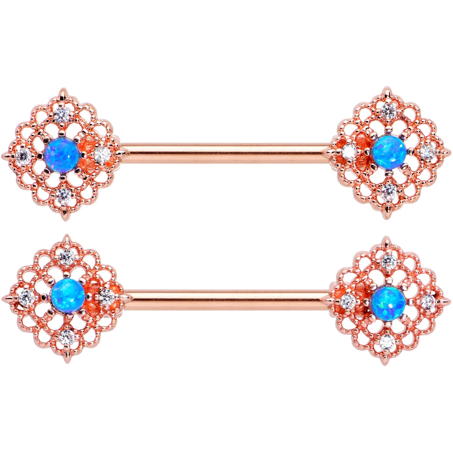 14 Gauge 9/16 Blue Synthetic Opal Rose Gold Tone Lacy Nipple Ring Set