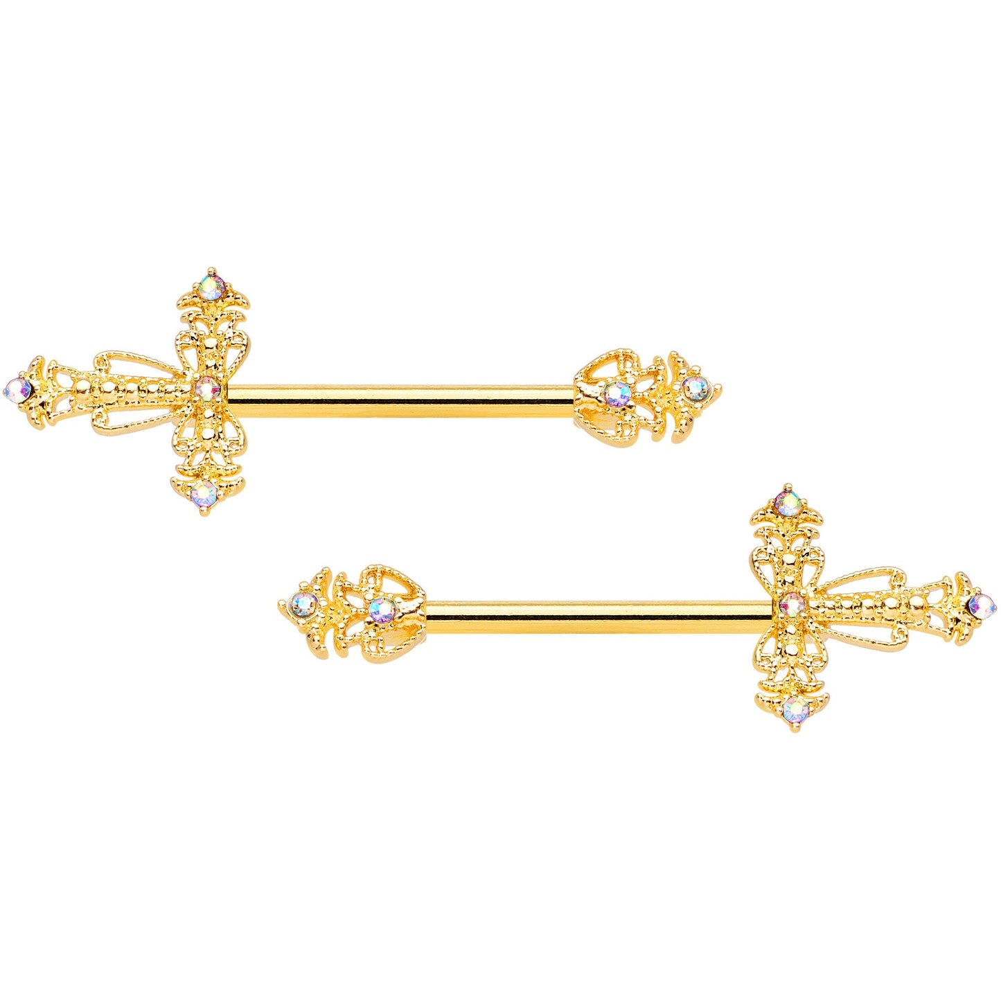 14 Gauge 9/16 Clear CZ Gem Gold Tone Scrolling Cross Nipple Ring Set