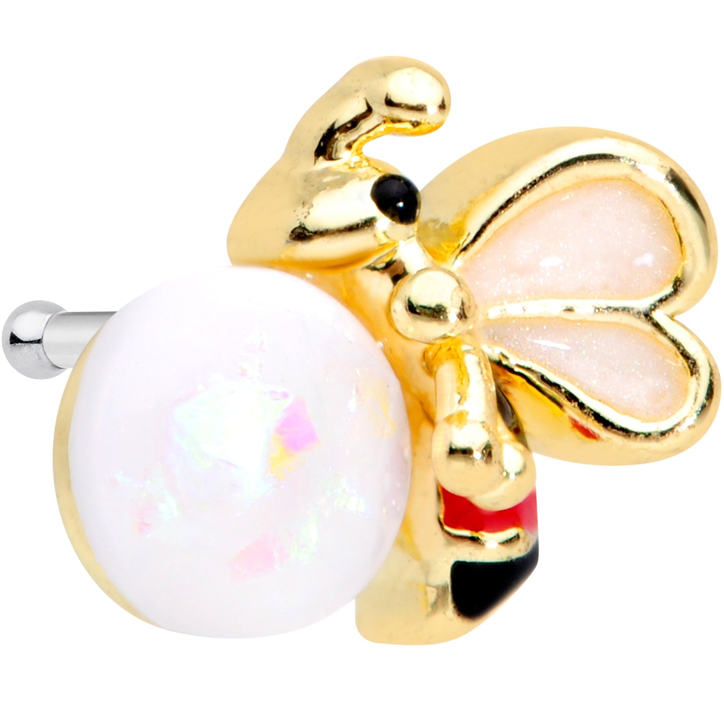 20 Gauge 1/4 White Faux Opal Gold Tone Insect Nose Bone
