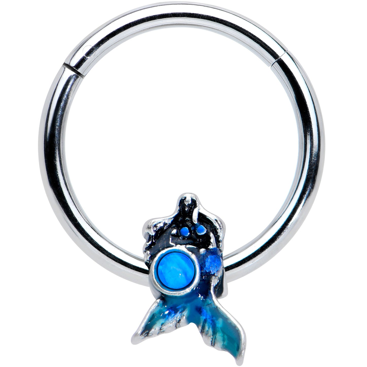 16 Gauge 3/8 Blue Synthetic Opal Blue Tail Mermaid Hinged Segment Ring