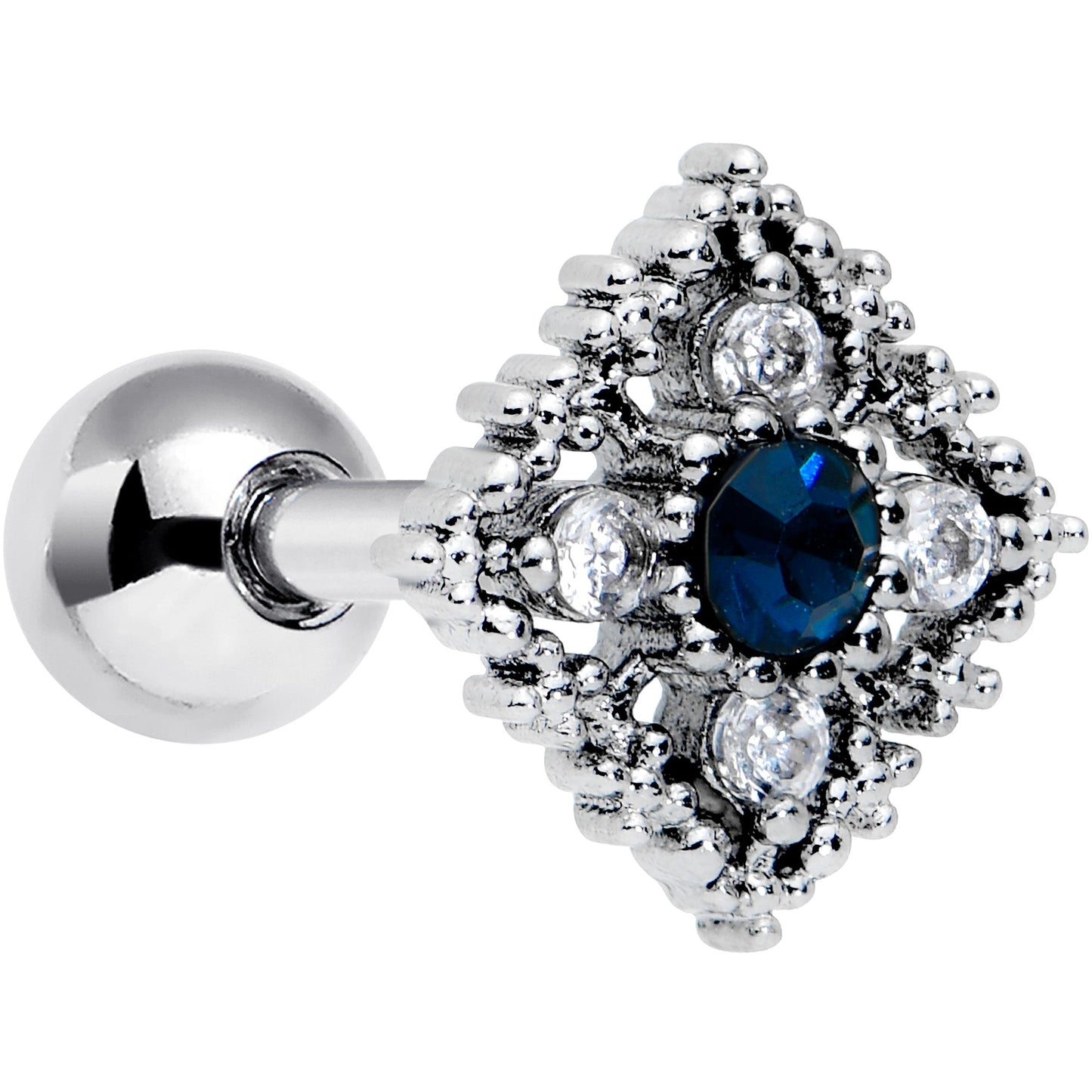 16 Gauge 1/4 Clear Blue Gem Textured Rhombus Cross Cartilage Tragus