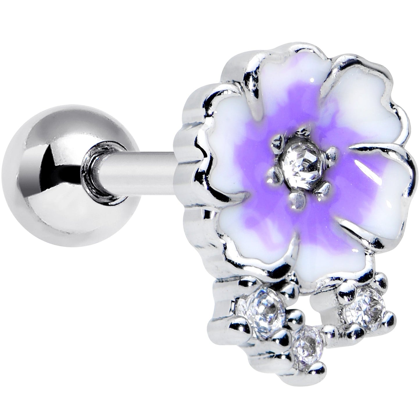 16 Gauge 1/4 Clear CZ Gem White Purple Flower Cartilage Tragus Earring