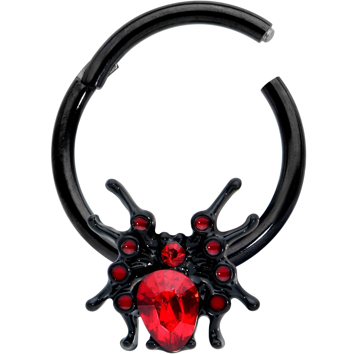 16 Gauge 3/8 Red Gem Black Spider Halloween Hinged Segment Ring