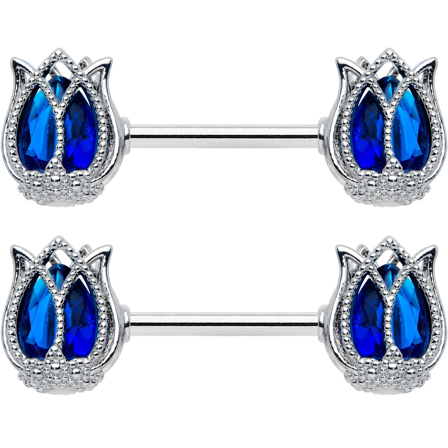 14 Gauge 9/16 Blue Gem Tulip Flower Barbell Nipple Ring Set