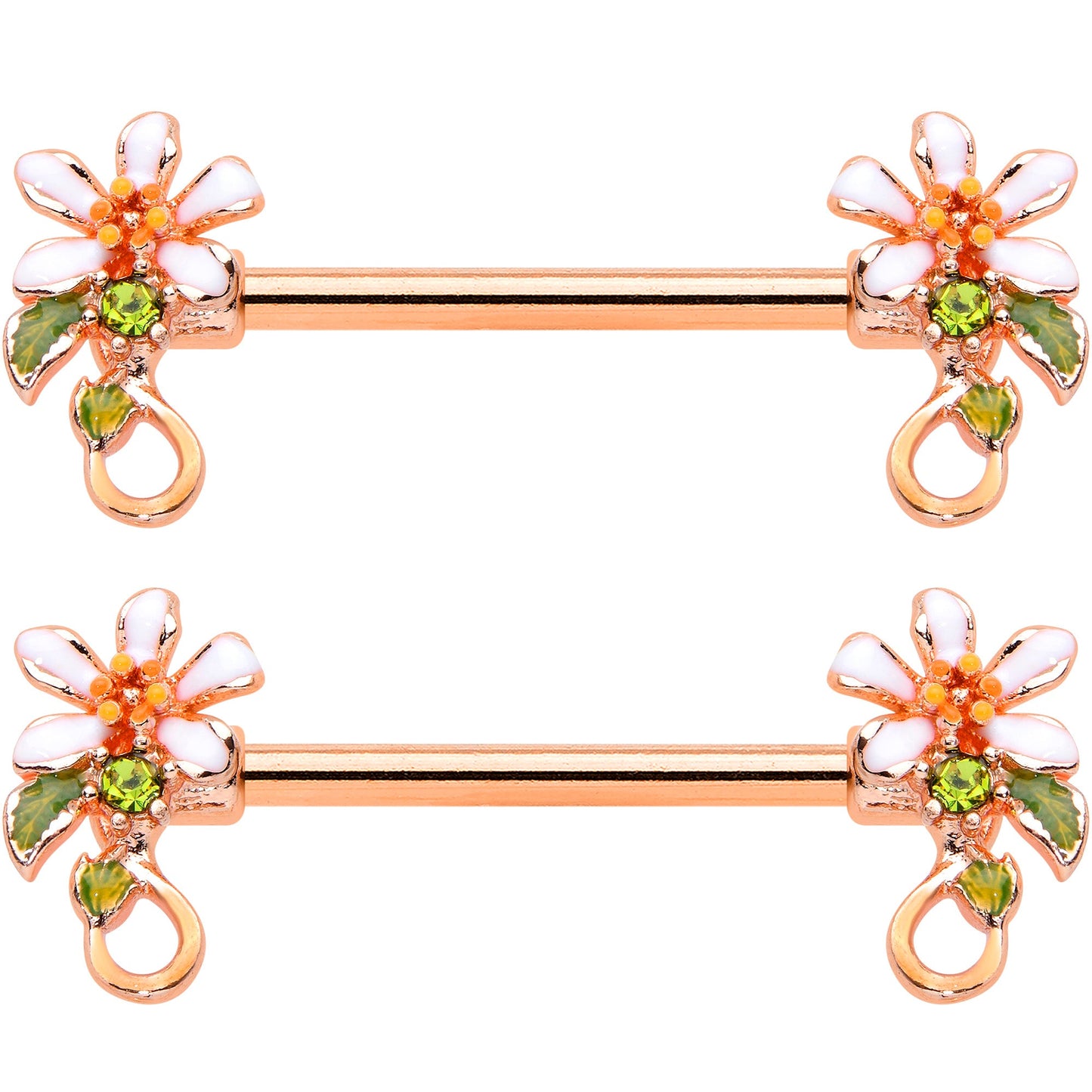 14 Gauge 9/16 Green Gem Rose Gold Tone Orange Flower Nipple Ring Set