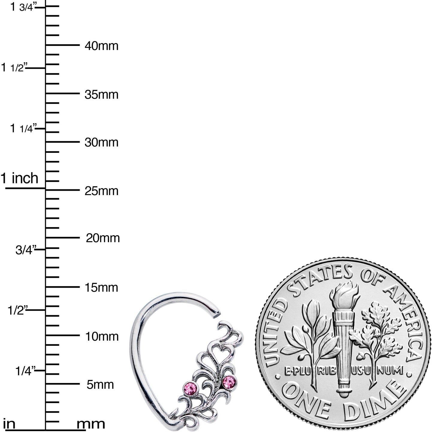 16 Gauge 3/8 Pink Gem Heart Drop Left Ear Cartilage Closure Ring
