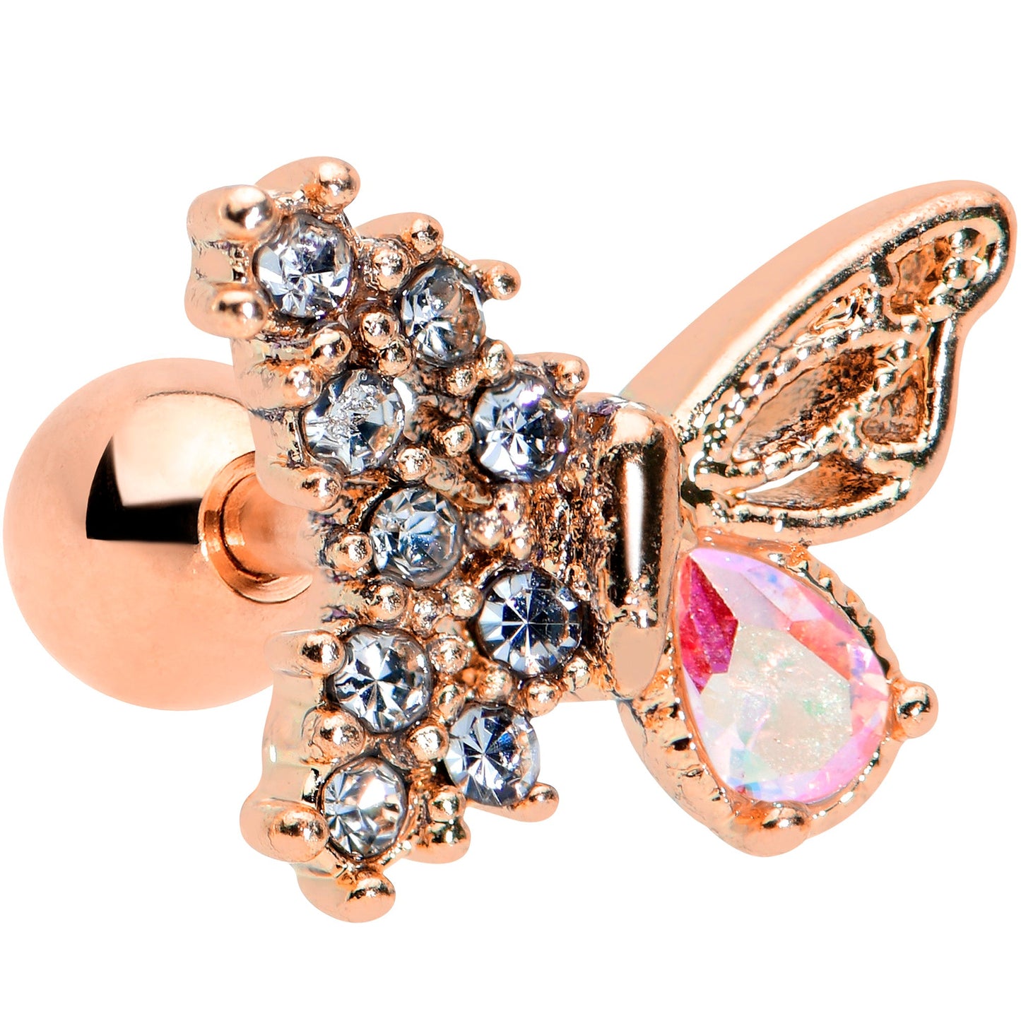 16 Gauge 1/4 Clear Gem Rose Gold Tone Glam Butterfly Cartilage Tragus