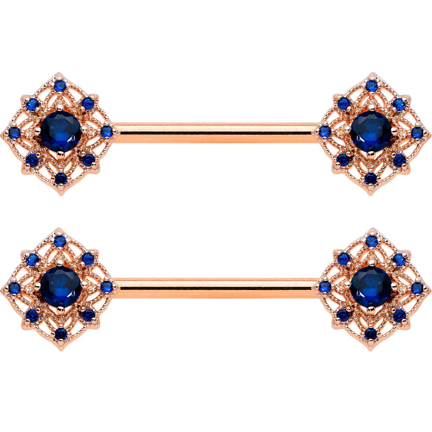 14 Gauge 9/16 Blue Gem Rose Gold Tone Wicked Web Nipple Ring Set