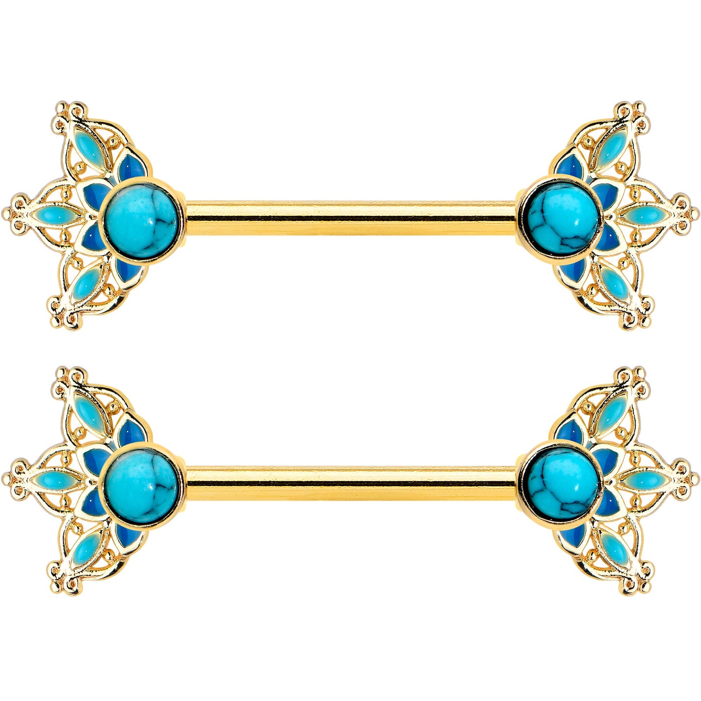 14 Gauge 9/16 Blue Turquoise Gold Tone Opulent Bloom Nipple Ring Set