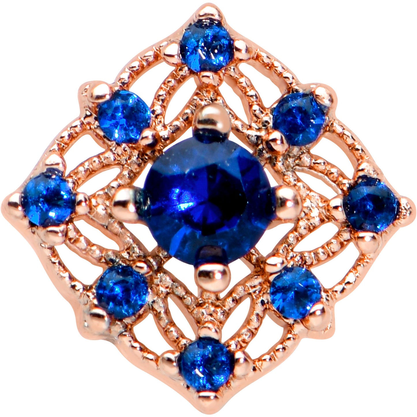 20 Gauge 1/4 Blue Gem Rose Gold Tone Wicked Web Nose Bone