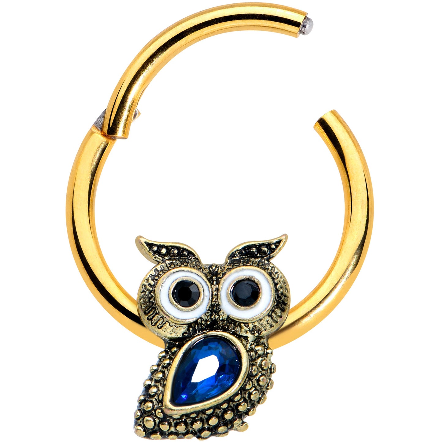 16 Gauge 3/8 Blue Gem Gold Tone Wide Eyed Owl Hinged Segment Ring