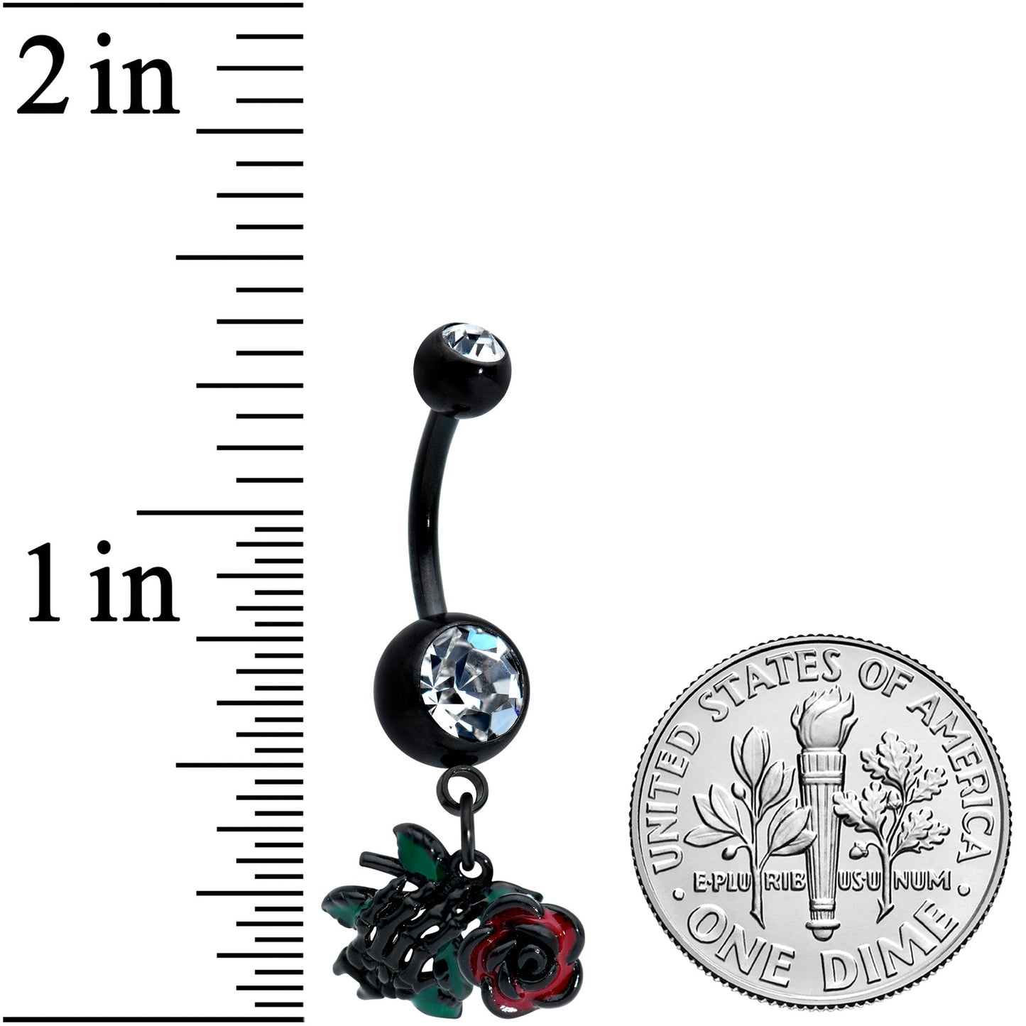 Clear Gem Black Skeleton Flower Halloween Dangle Belly Ring