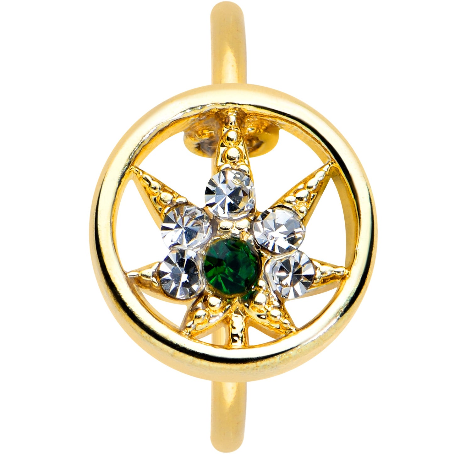 20 Gauge 5/16 Green Gem Gold Tone Pot Leaf Circle Nose Hoop