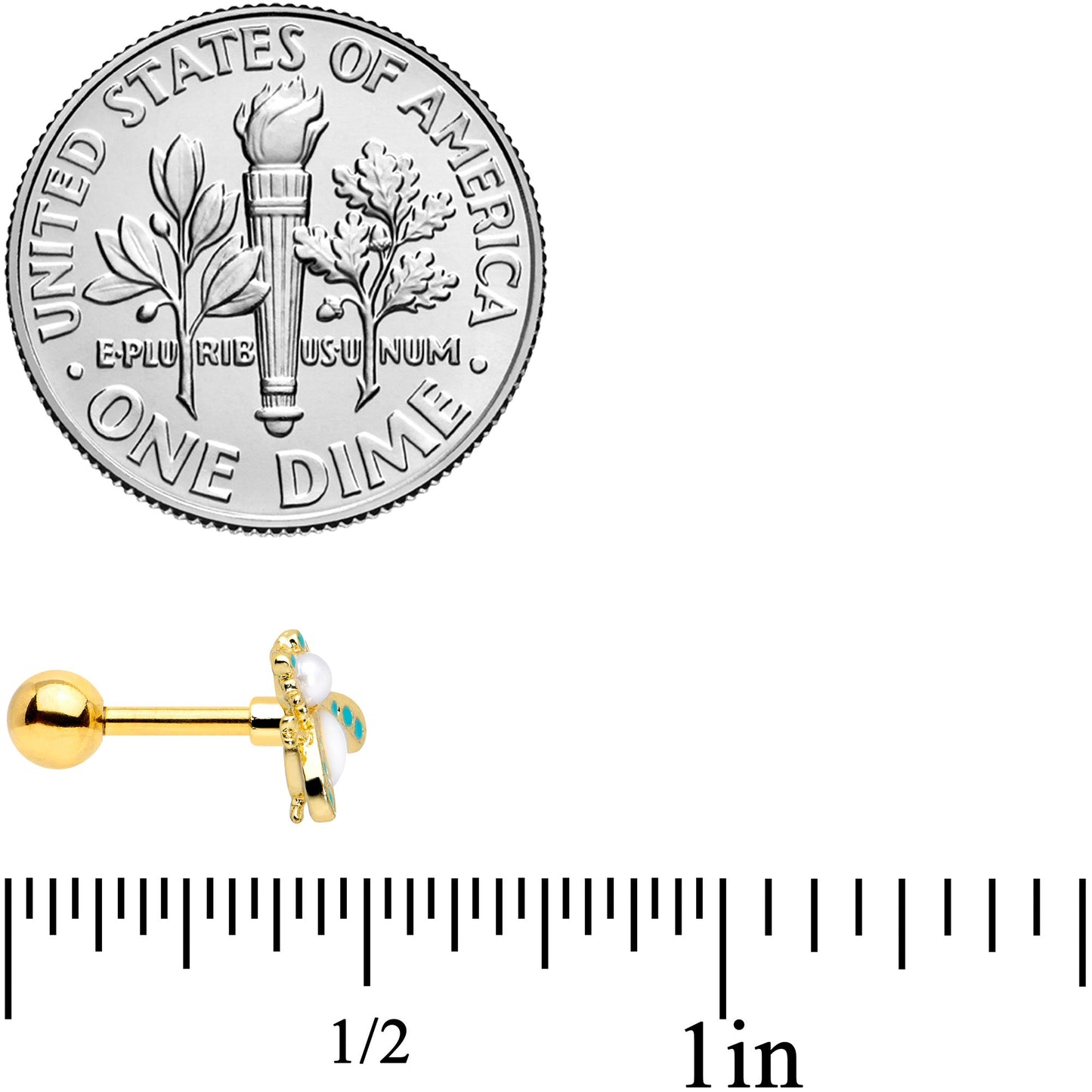 16 Gauge 1/4 White Gem Gold Tone Snow Bug Cartilage Tragus Earring