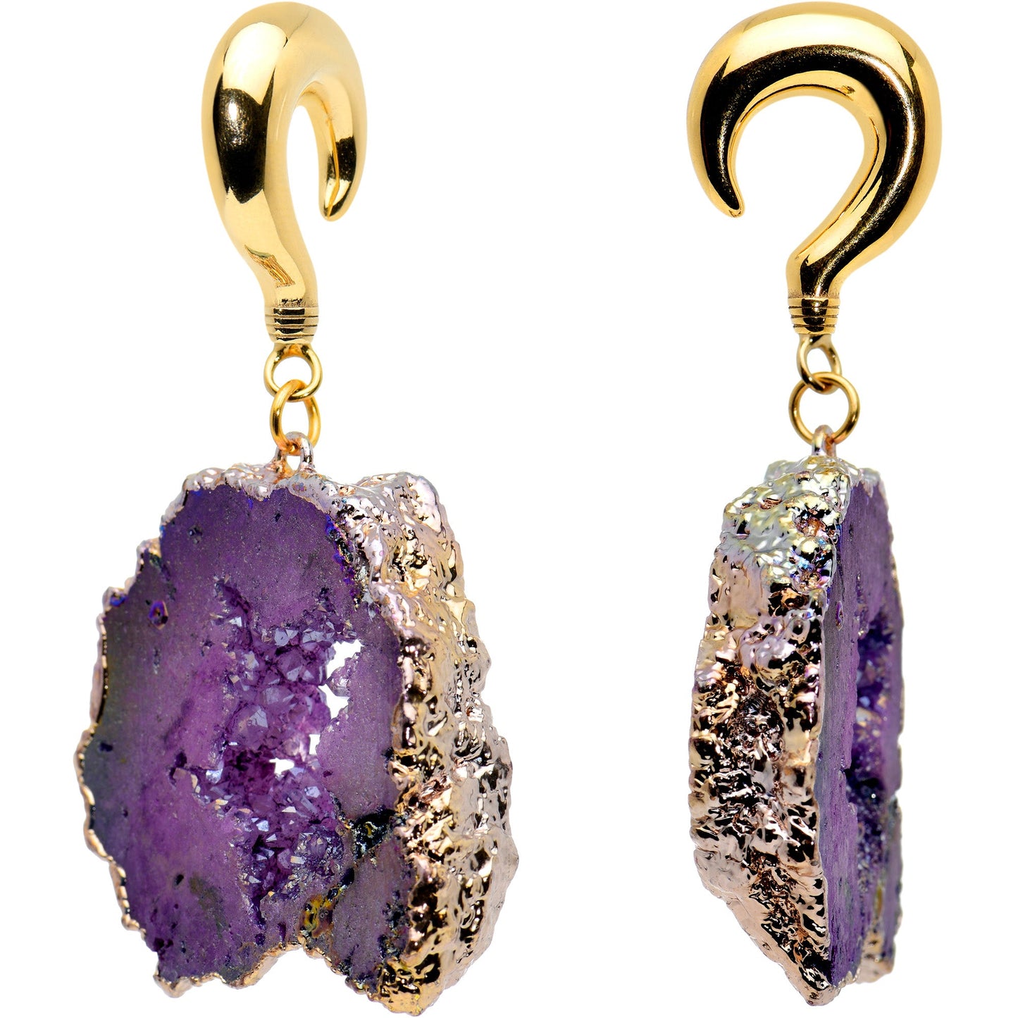 2 Gauge Gold Tone Purple Druzy Stone Curved Taper Ear Weights