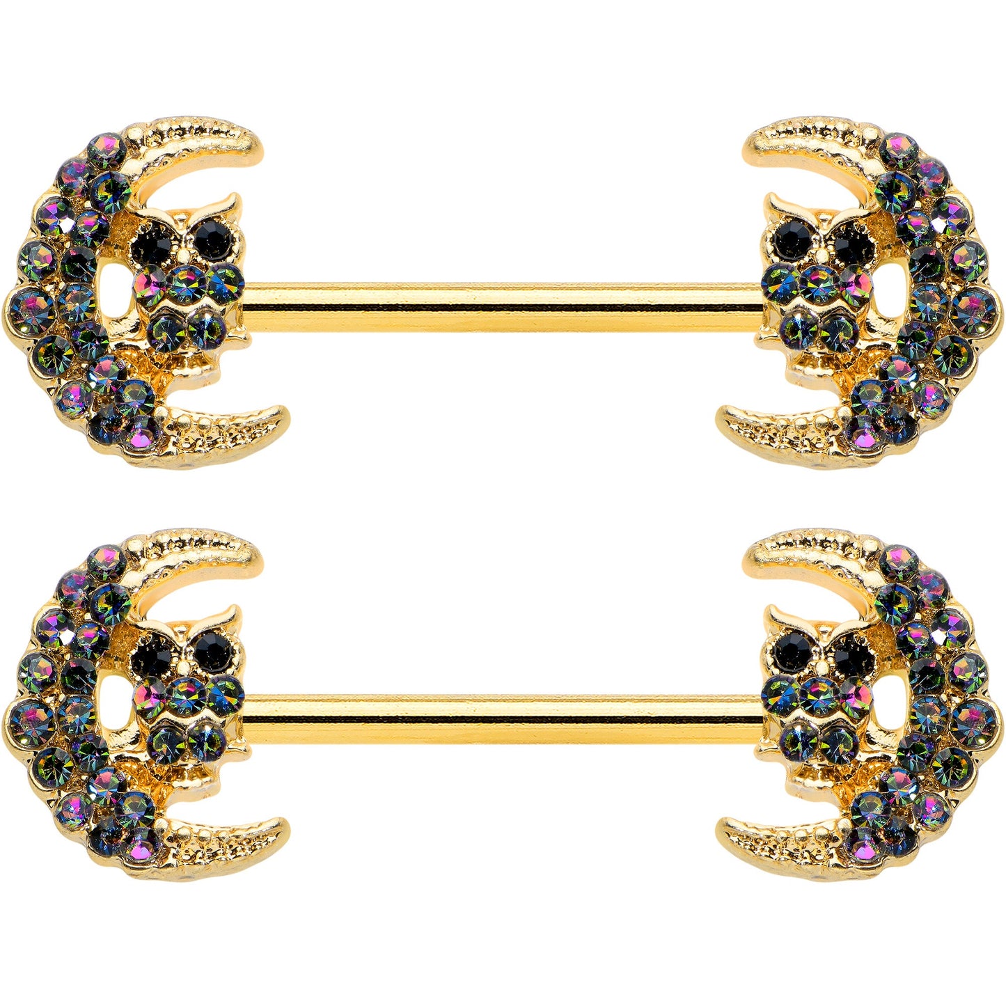 14 Gauge 5/8 Aurora Gem Gold Tone Owl Moon Barbell Nipple Ring Set