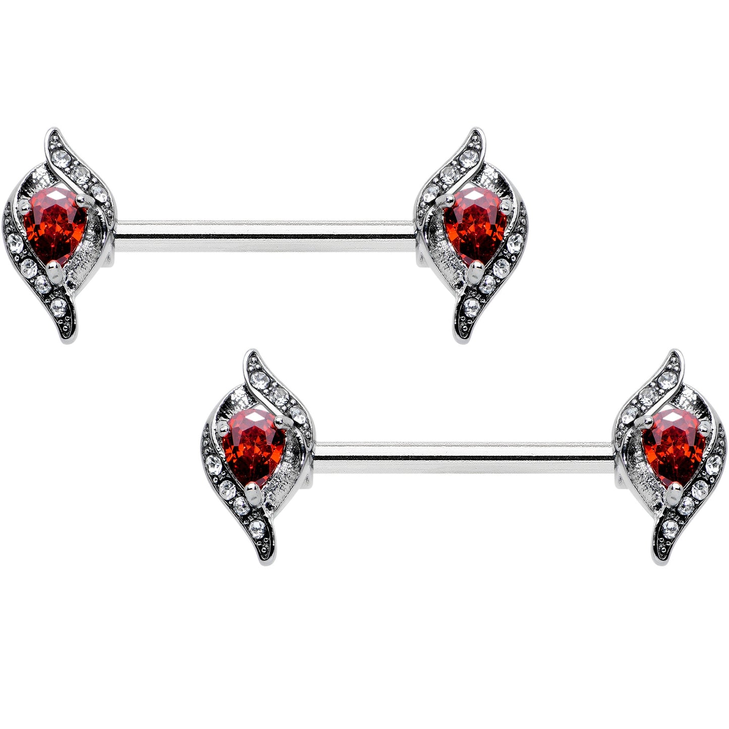 14 Gauge 9/16 Clear Red Gem Swirling Oval Barbell Nipple Ring Set
