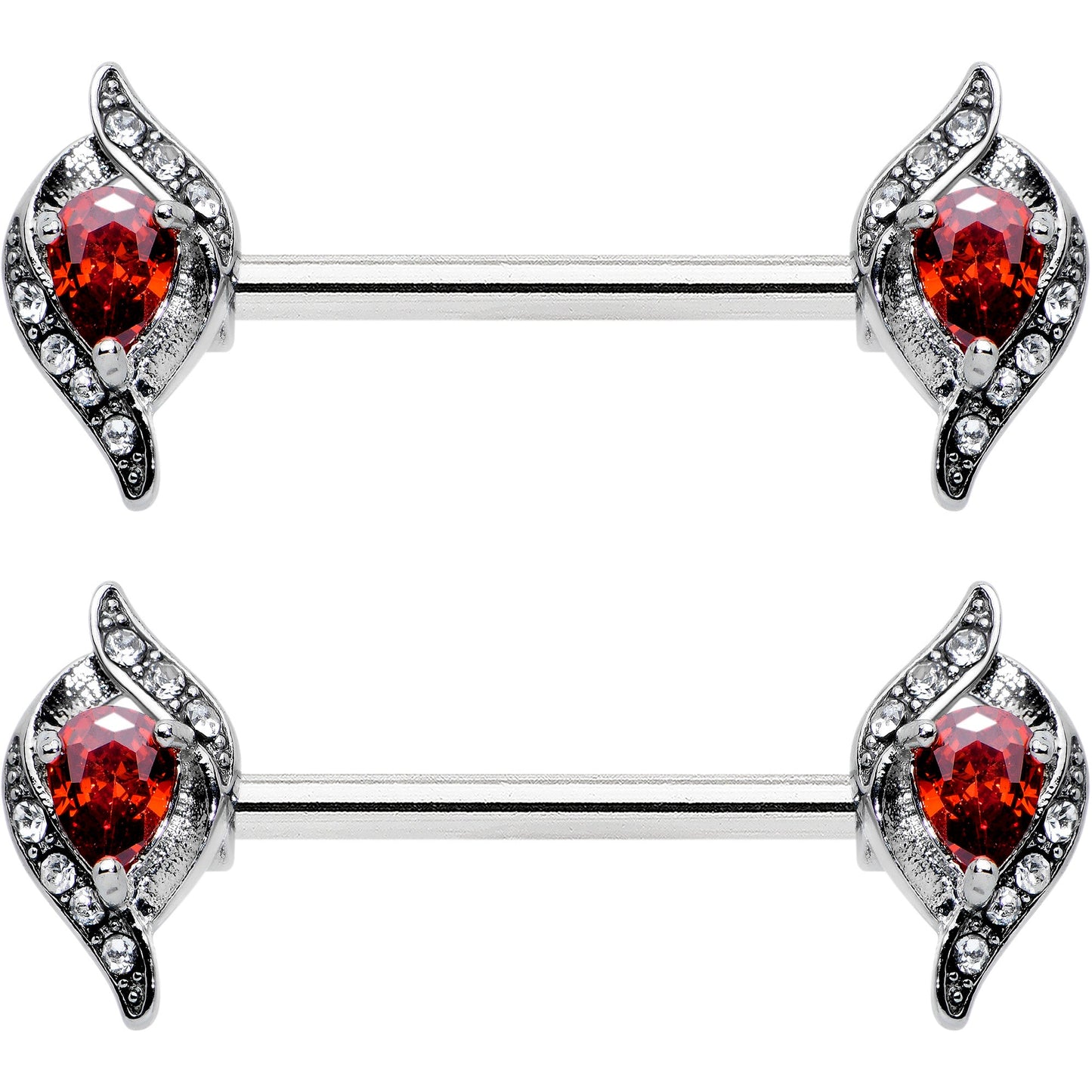 14 Gauge 9/16 Clear Red Gem Swirling Oval Barbell Nipple Ring Set