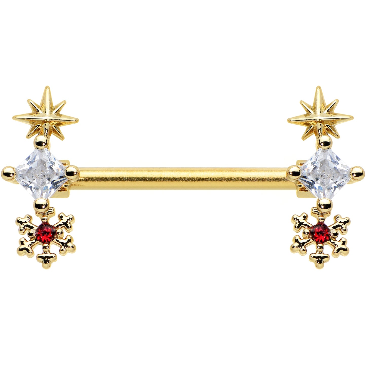 14 Gauge 9/16 Red Gold Tone Snowflake Star Christmas Nipple Ring Set