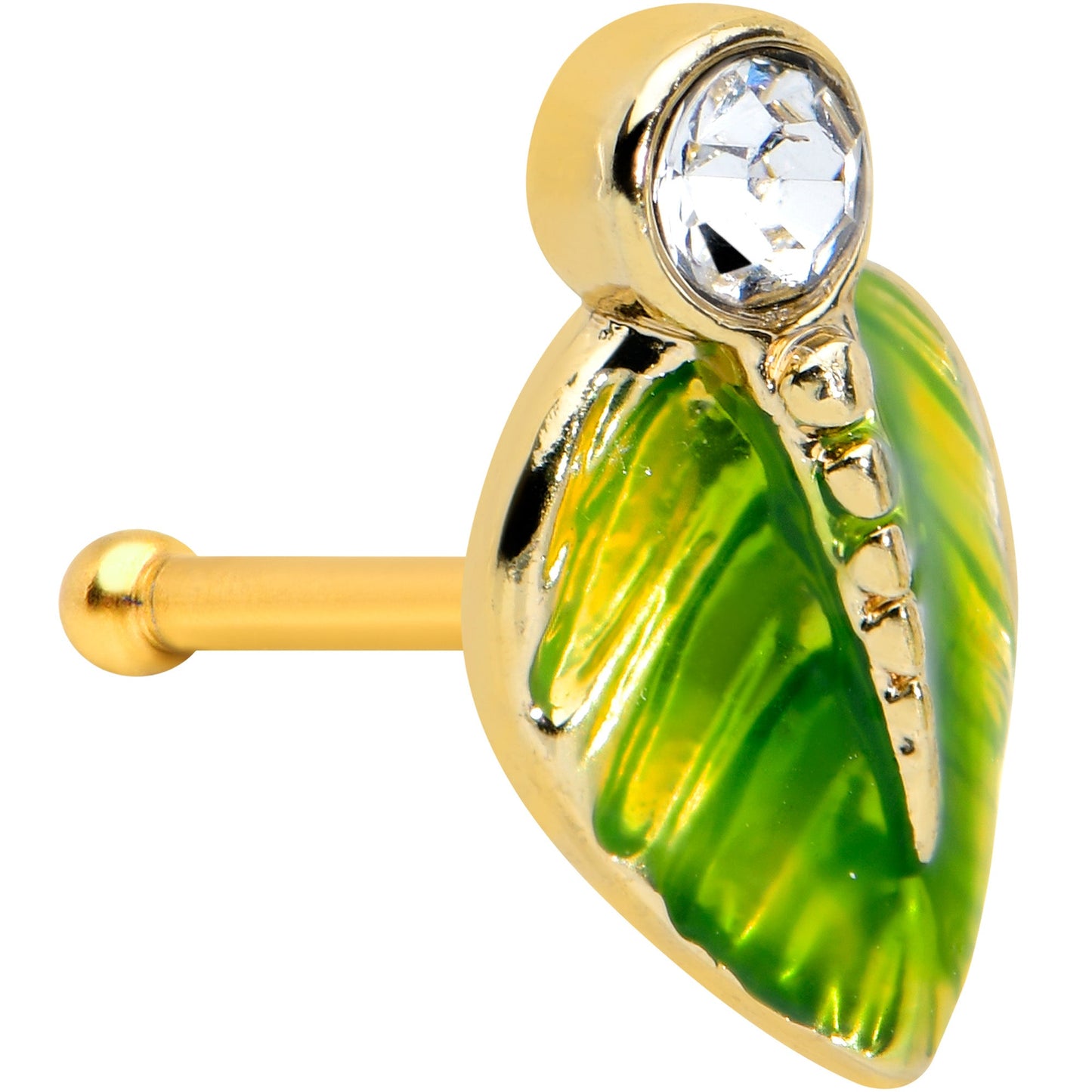 20 Gauge 1/4 Clear Gem Gold Tone Lush Green Leaf Nose Bone