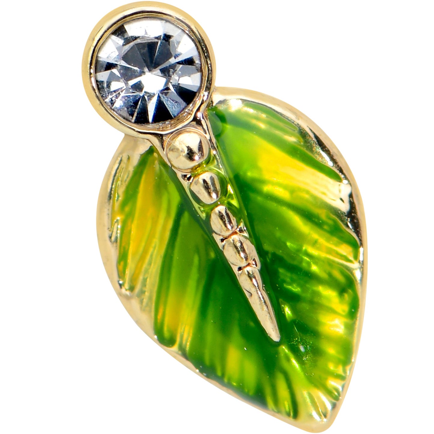 20 Gauge 1/4 Clear Gem Gold Tone Lush Green Leaf Nose Bone
