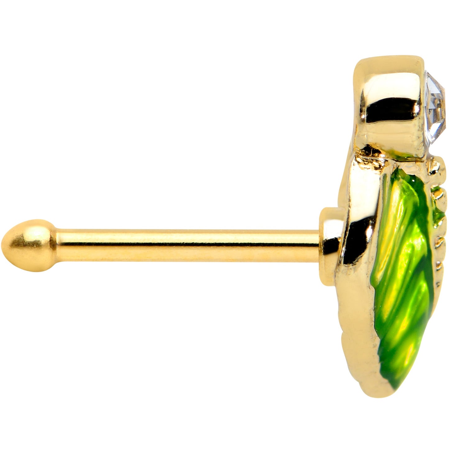 20 Gauge 1/4 Clear Gem Gold Tone Lush Green Leaf Nose Bone