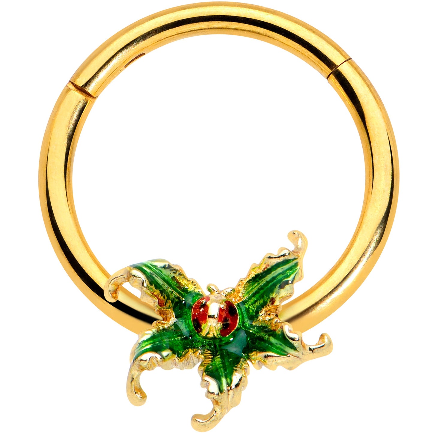 16 Gauge 3/8 Gold Tone Tiny Ladybug Leaves Hinged Segment Ring