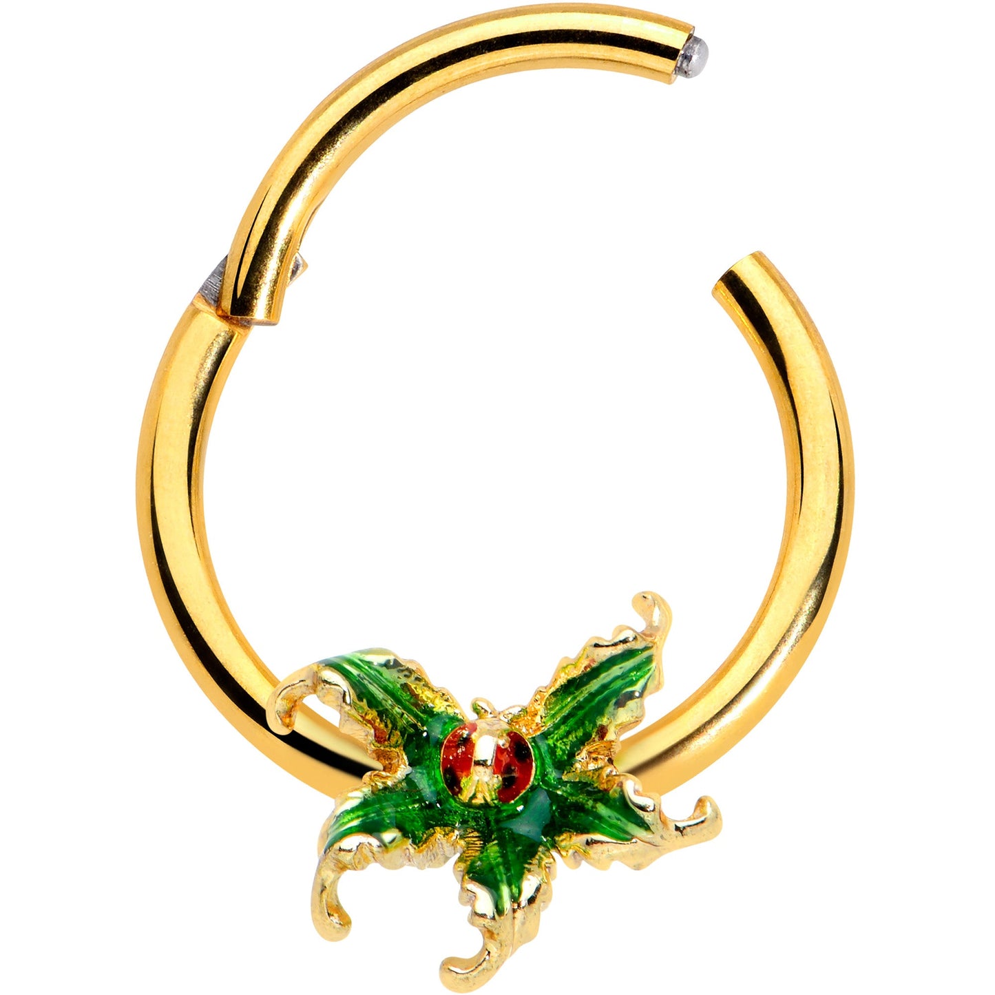 16 Gauge 3/8 Gold Tone Tiny Ladybug Leaves Hinged Segment Ring
