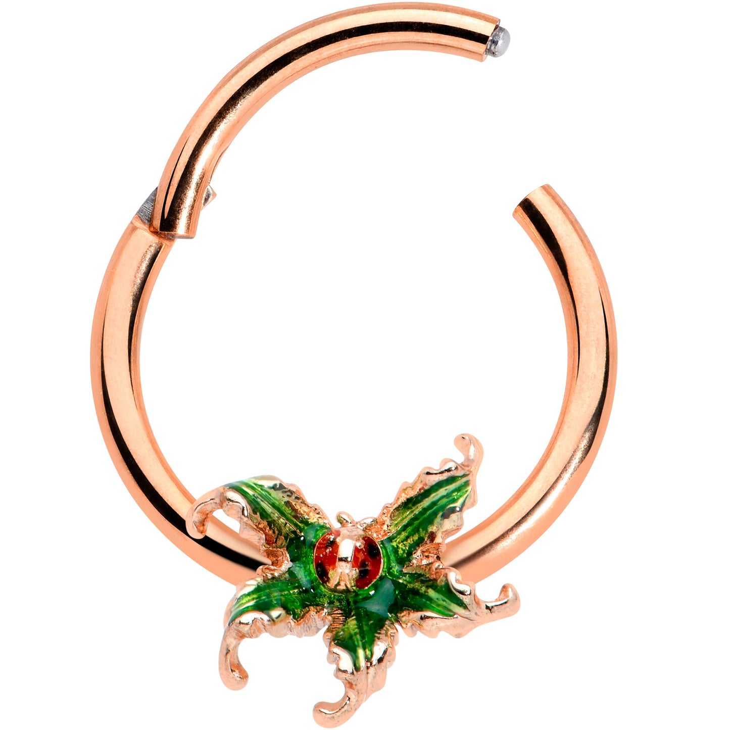 16 Gauge 3/8 Rose Gold Tone Tiny Ladybug Leaves Hinged Segment Ring