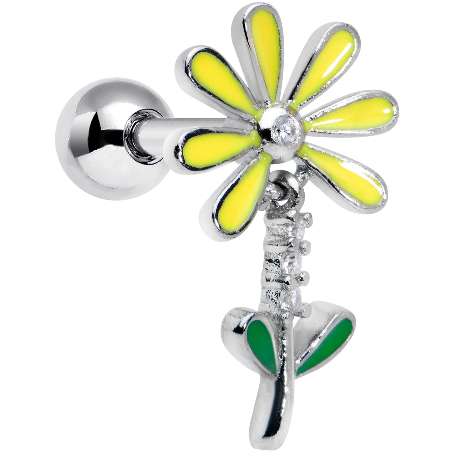 16 Gauge 1/4 Clear CZ Gem Whimsy Daisy Flower Dangle Cartilage Tragus