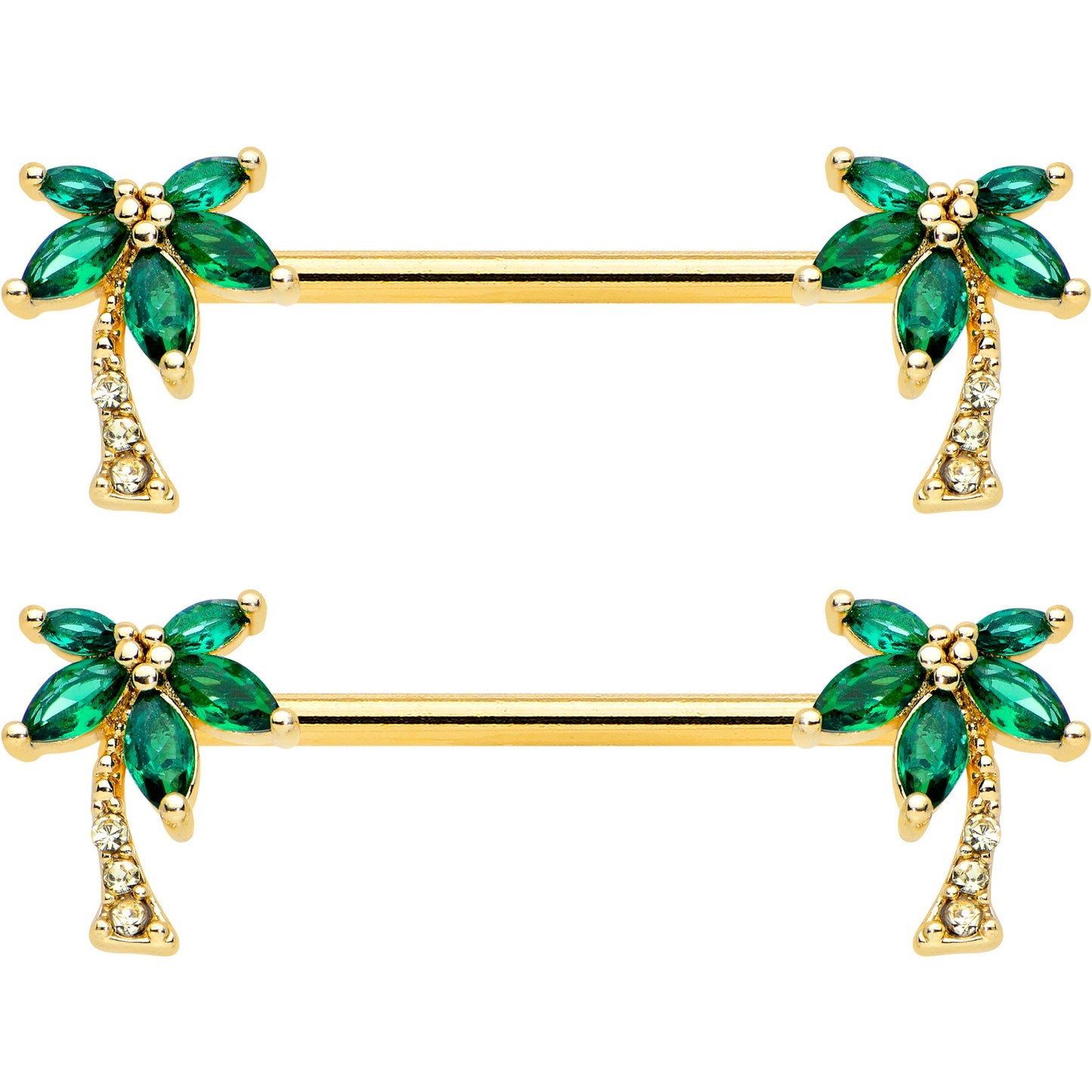 14 Gauge 9/16 Clear Green Gem Gold Tone Palm Tree Nipple Ring Set