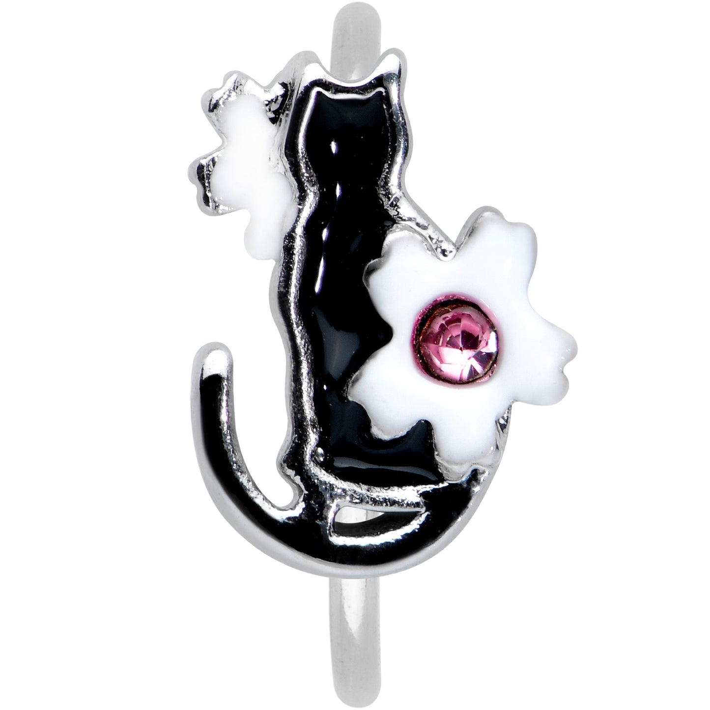 20 Gauge 5/16 Pink Gem Black Cat White Flowers Nose Hoop