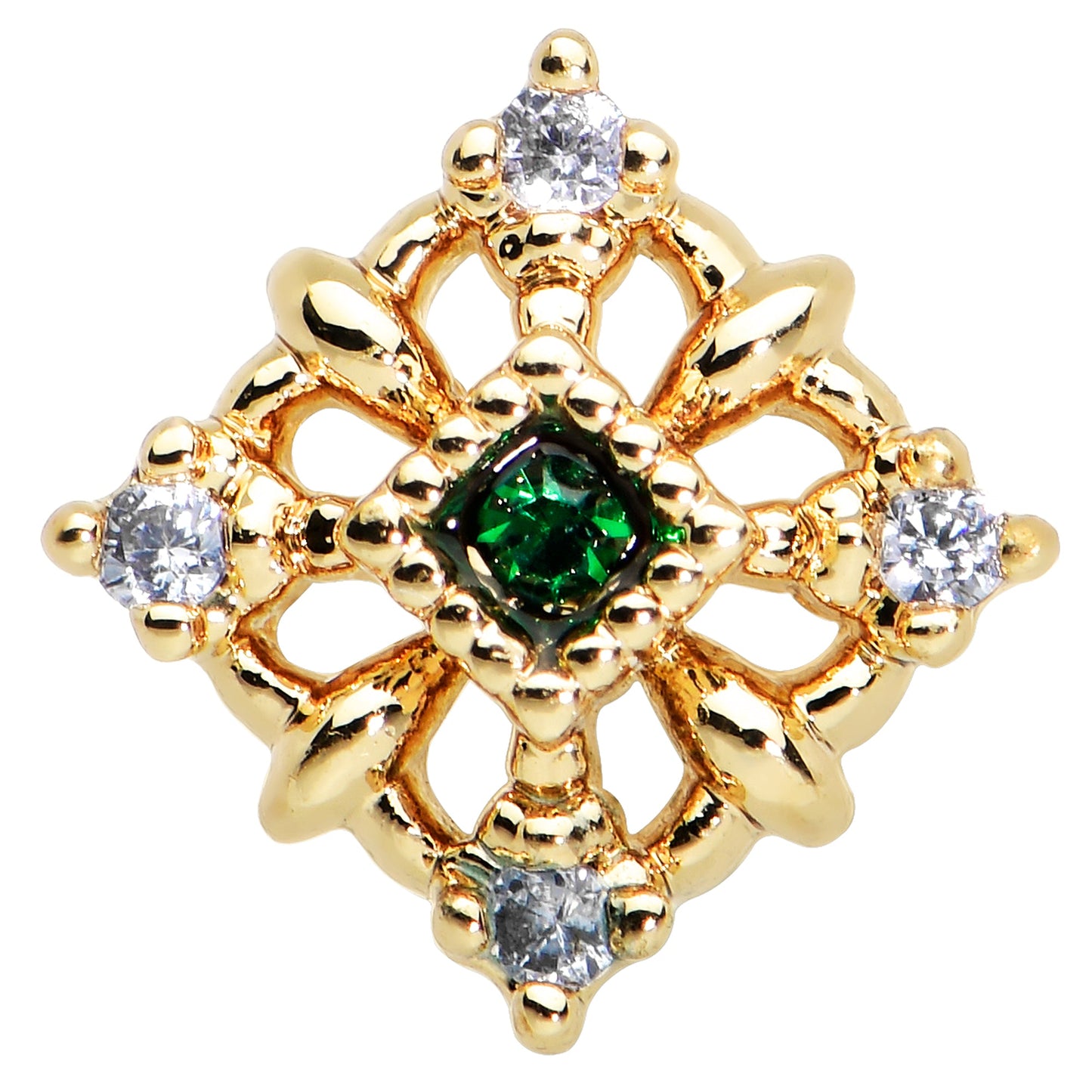 20 Gauge 1/4 Green Gem Gold Tone Noble Square Nose Bone