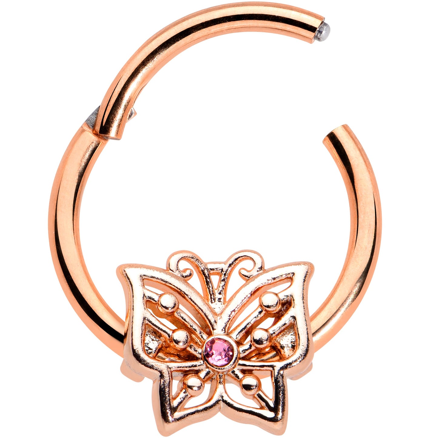 16 Gauge 3/8 Pink CZ Gem Rose Gold Tone Butterfly Hinged Segment Ring