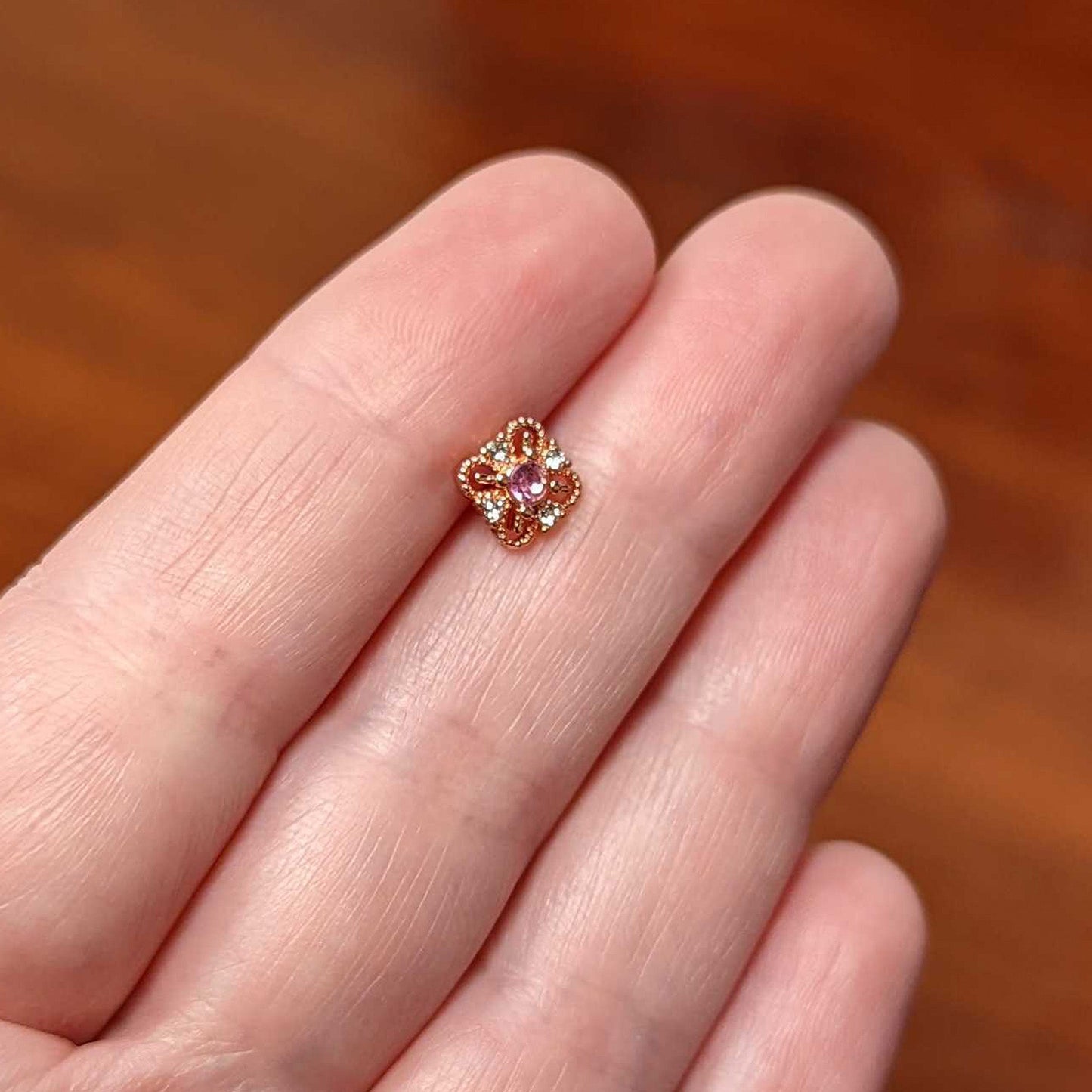 16 Gauge 5/16 Pink Gem Rose Gold Tone Cross Rhombus Labret Tragus