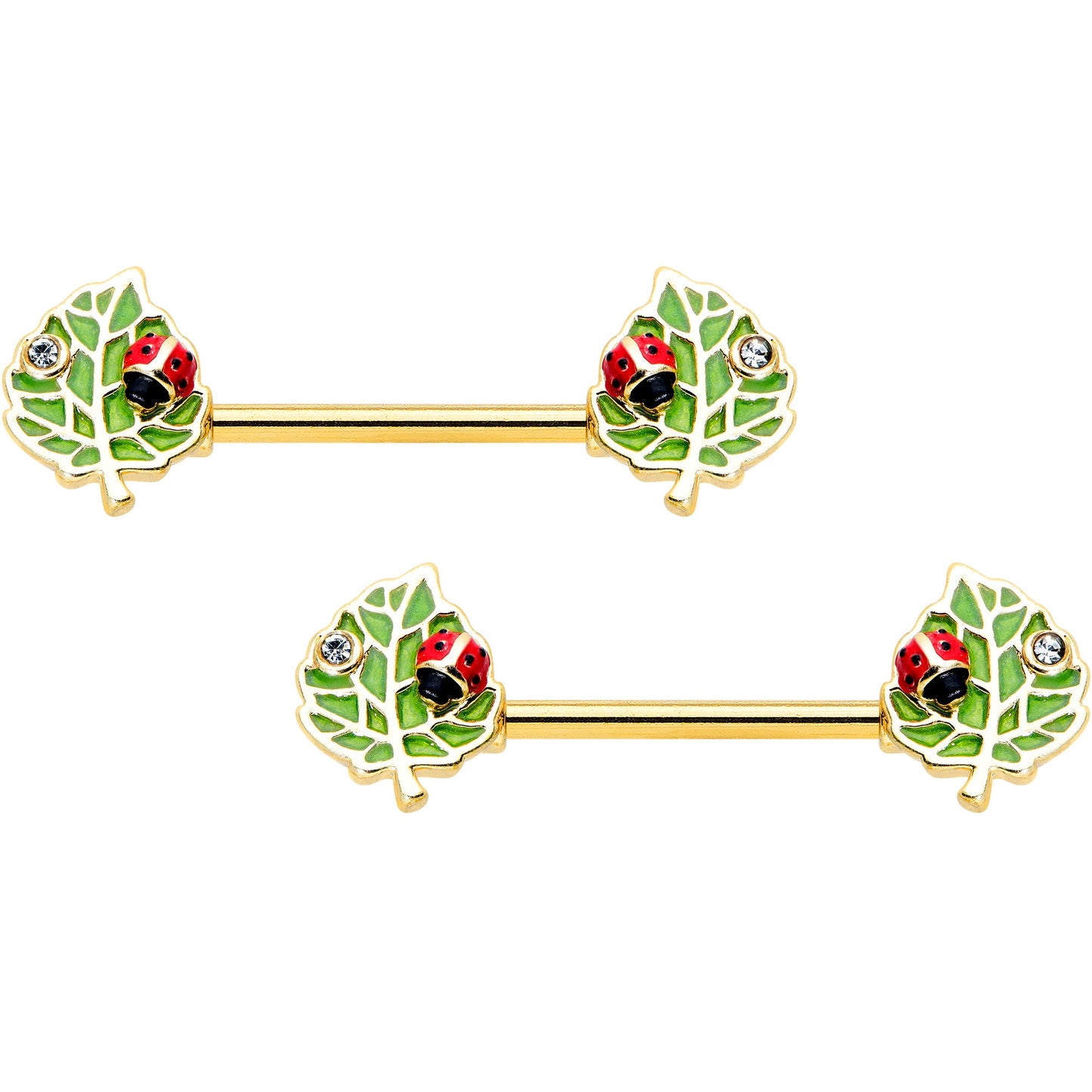14 Gauge 9/16 Clear Gem Gold Hue Leafy Ladybug Barbell Nipple Ring Set