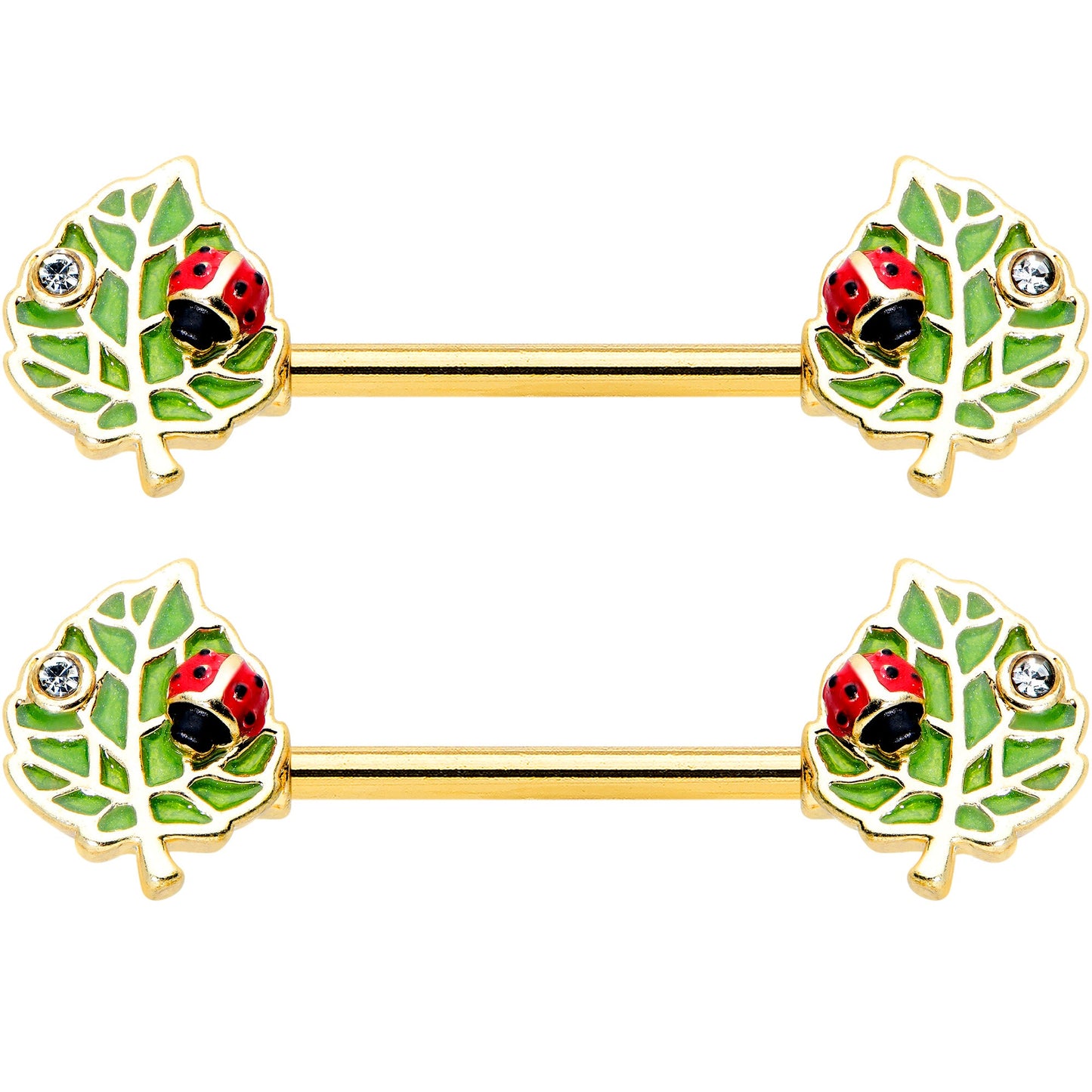 14 Gauge 9/16 Clear Gem Gold Hue Leafy Ladybug Barbell Nipple Ring Set
