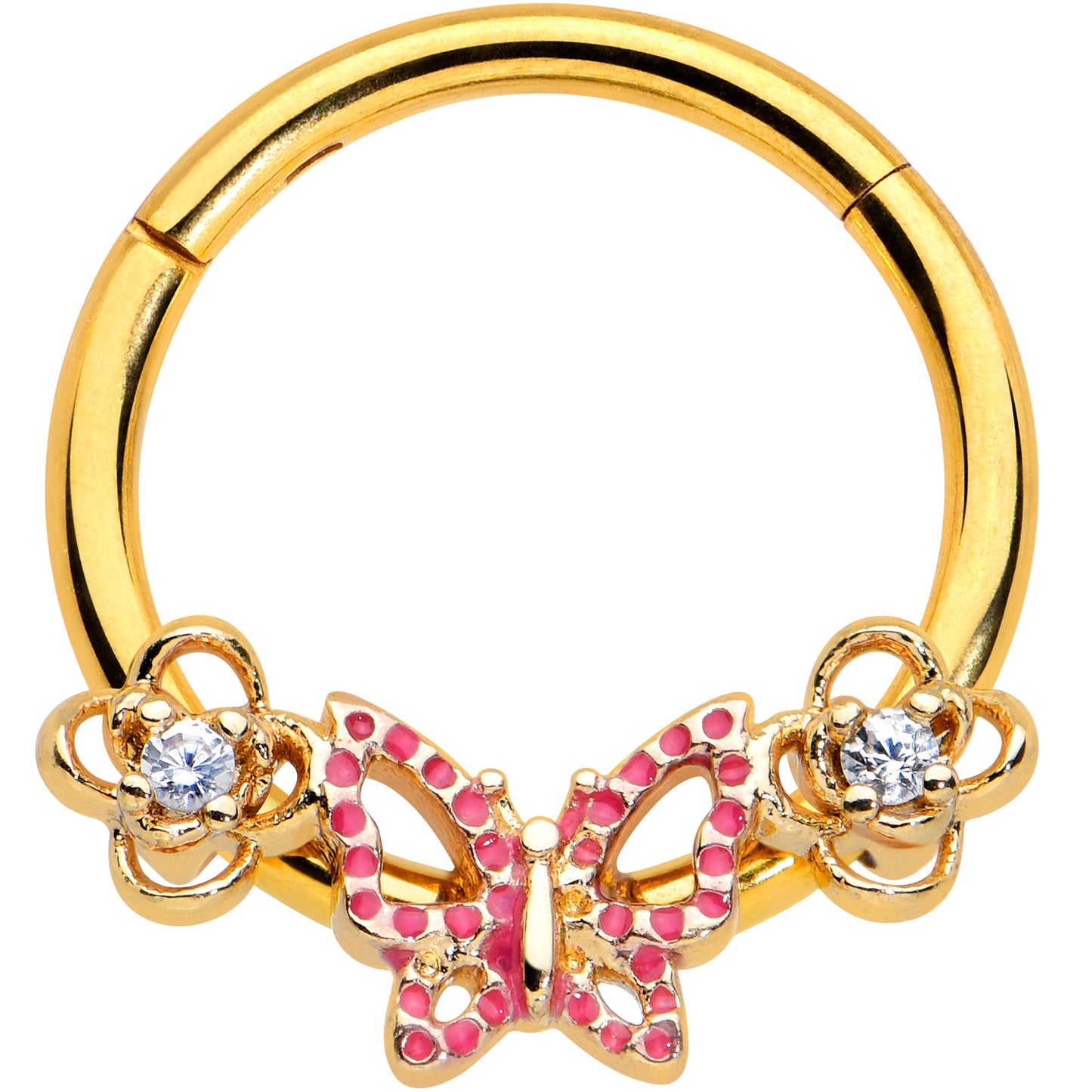 16 Gauge 3/8 Clear CZ Gem Gold Hue Sweet Butterfly Hinged Segment Ring